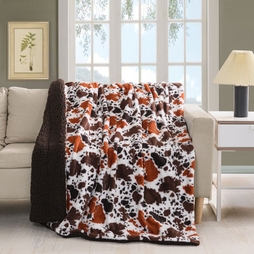 50" X 60" Brown and White Faux Fur Woven Animal Print Plush Throw Blanket