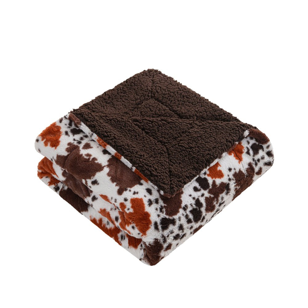 50" X 60" Brown and White Faux Fur Woven Animal Print Plush Throw Blanket