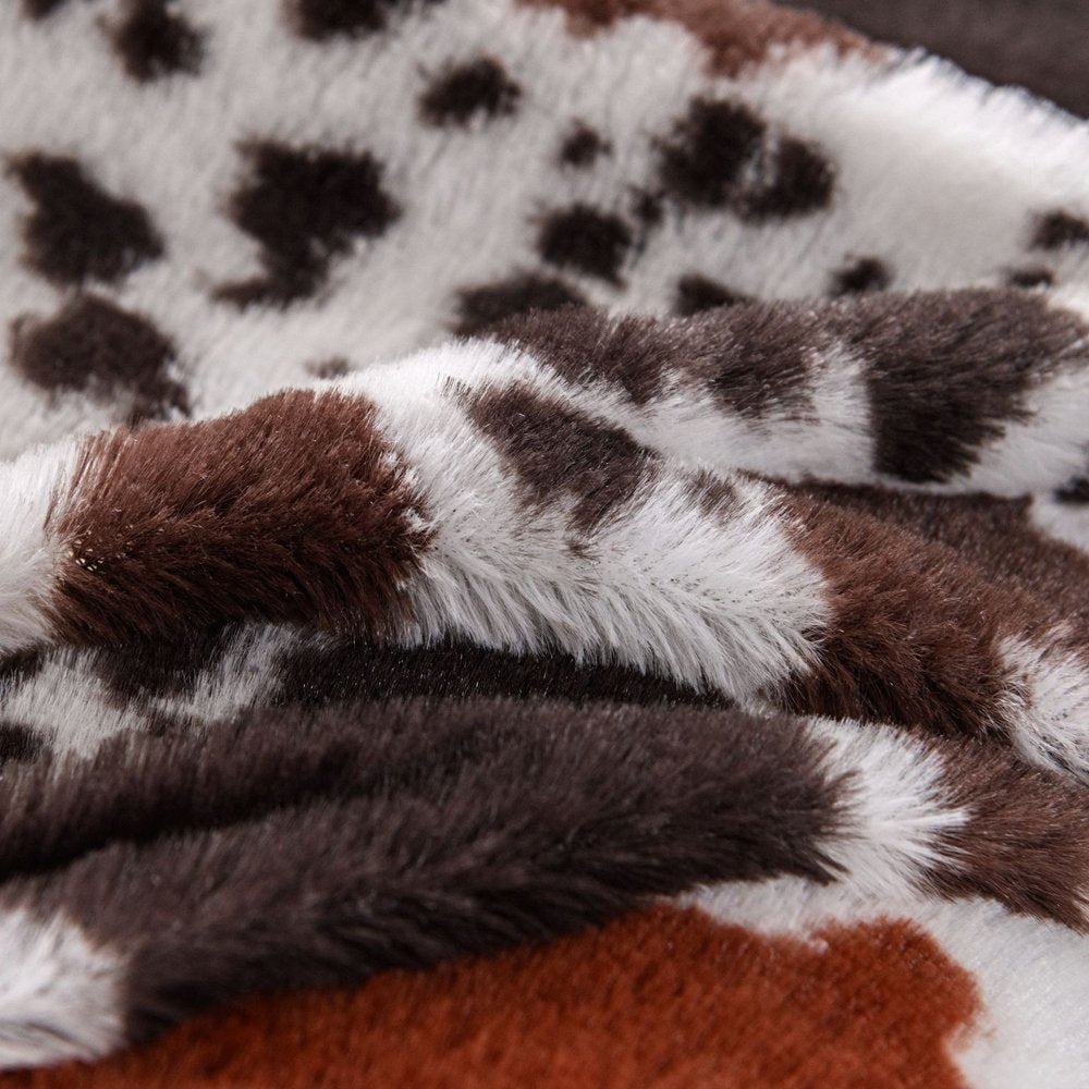 50" X 60" Brown and White Faux Fur Woven Animal Print Plush Throw Blanket
