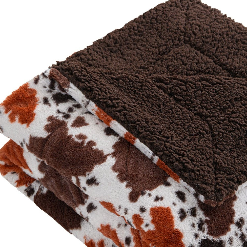 50" X 60" Brown and White Faux Fur Woven Animal Print Plush Throw Blanket