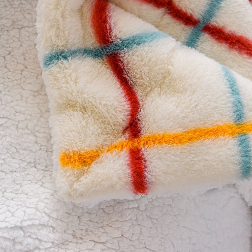 50" X 60" White Yellow and Green Faux Fur Geometric Plush Throw Blanket