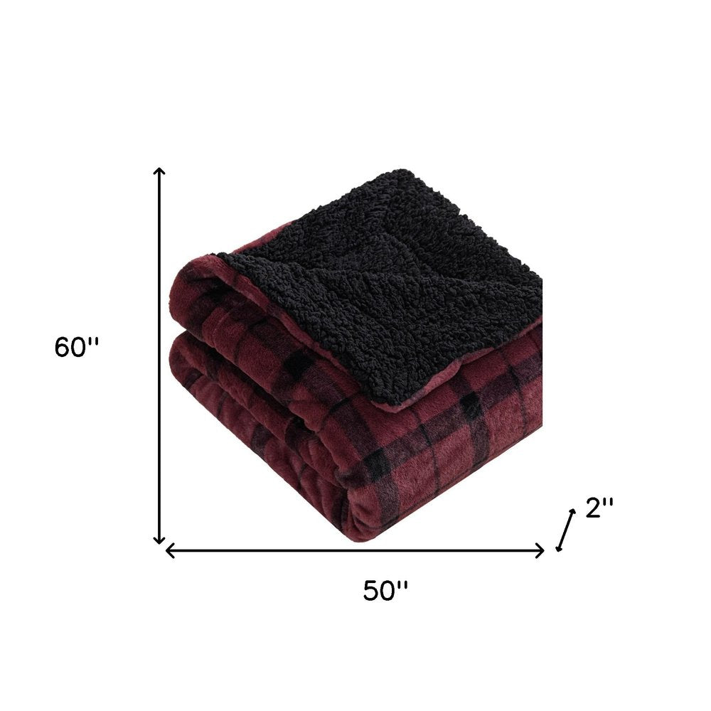 50" X 60" Wine and Black Faux Fur Plaid Plush Throw Blanket