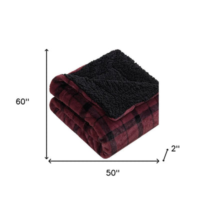 50" X 60" Wine and Black Faux Fur Plaid Plush Throw Blanket