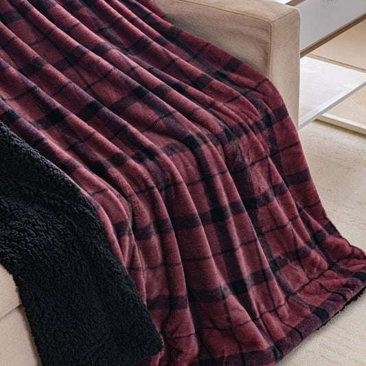 50" X 60" Wine and Black Faux Fur Plaid Plush Throw Blanket