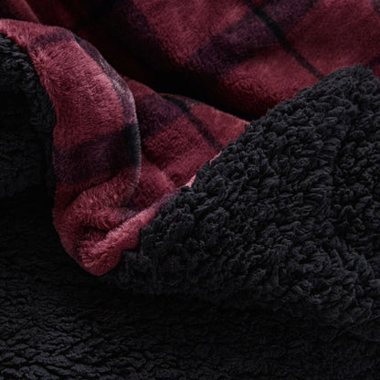 50" X 60" Wine and Black Faux Fur Plaid Plush Throw Blanket