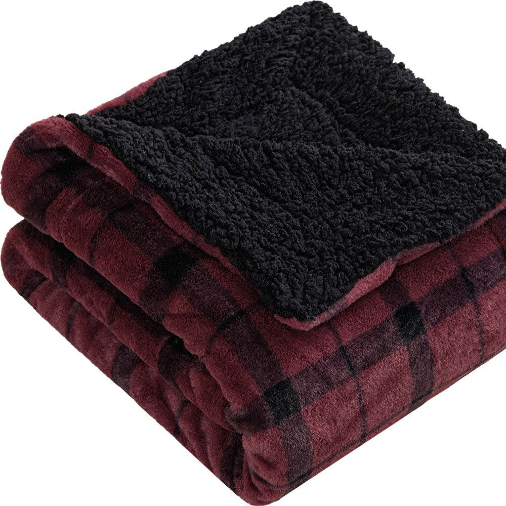 50" X 60" Wine and Black Faux Fur Plaid Plush Throw Blanket
