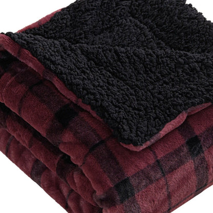 50" X 60" Wine and Black Faux Fur Plaid Plush Throw Blanket