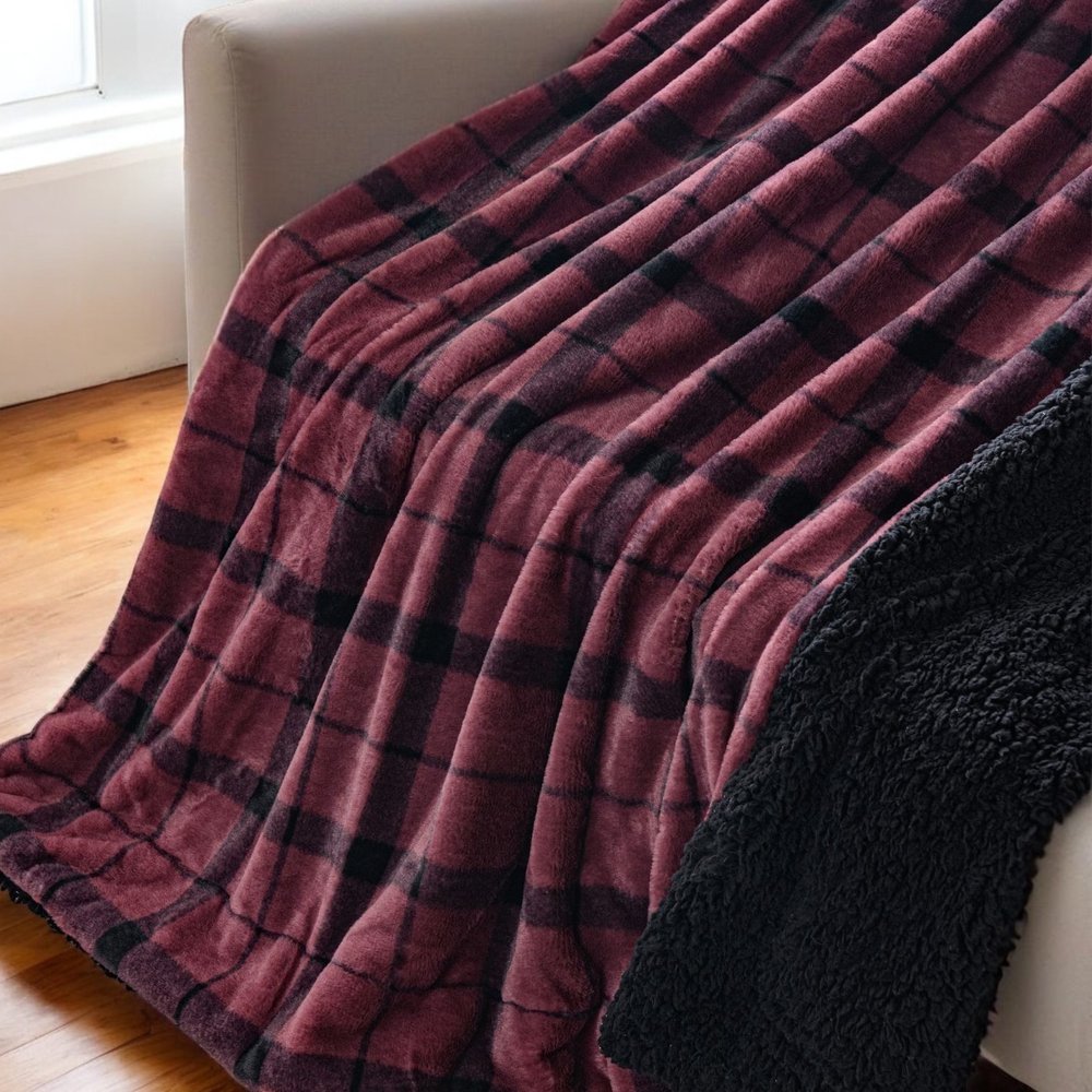 50" X 60" Wine and Black Faux Fur Plaid Plush Throw Blanket