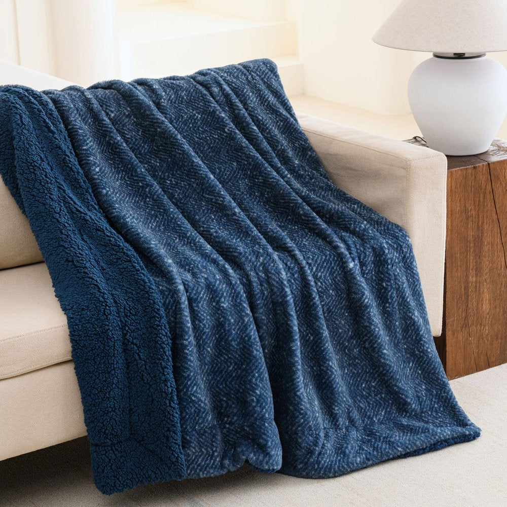 50" X 60" Oxford Blue Faux Fur Herringbone Plush Throw Blanket