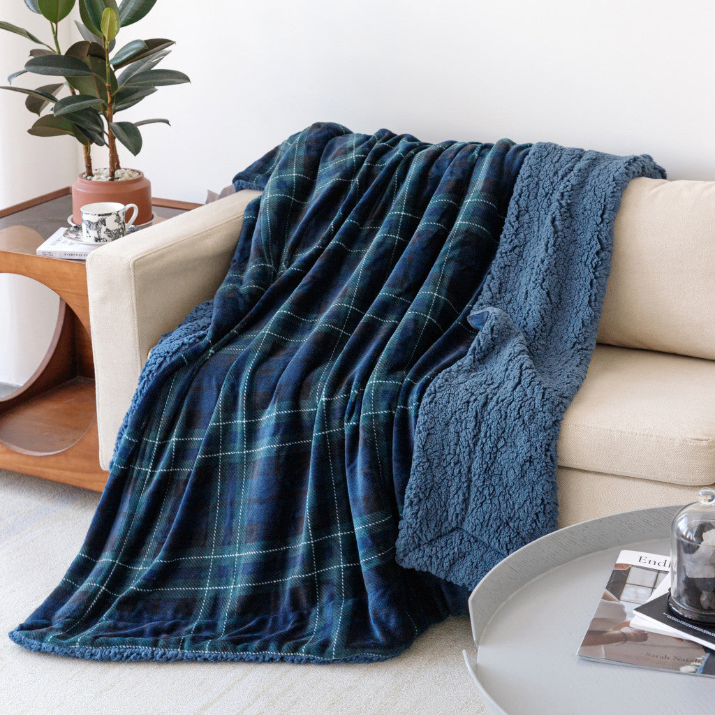 50" X 60" Blue Green and Black Velvet Plaid Plush Throw Blanket