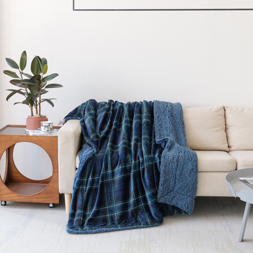 50" X 60" Blue Green and Black Velvet Plaid Plush Throw Blanket