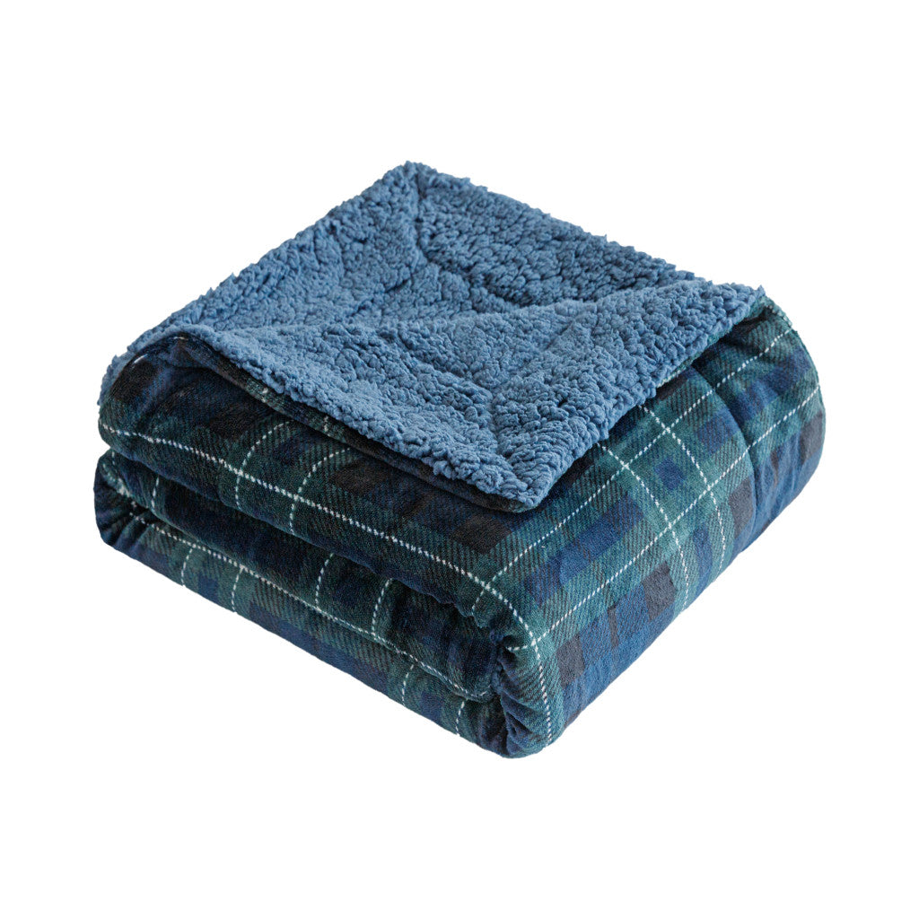 50" X 60" Blue Green and Black Velvet Plaid Plush Throw Blanket
