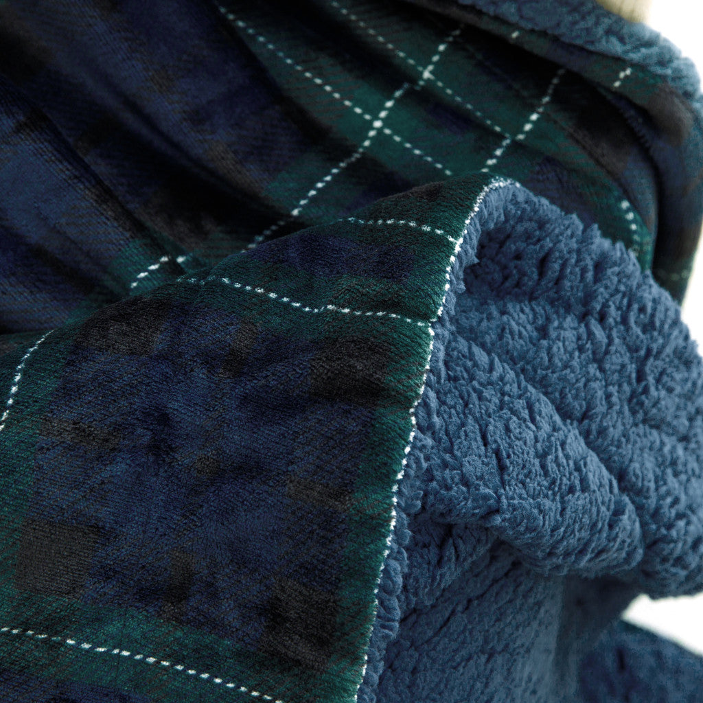 50" X 60" Blue Green and Black Velvet Plaid Plush Throw Blanket