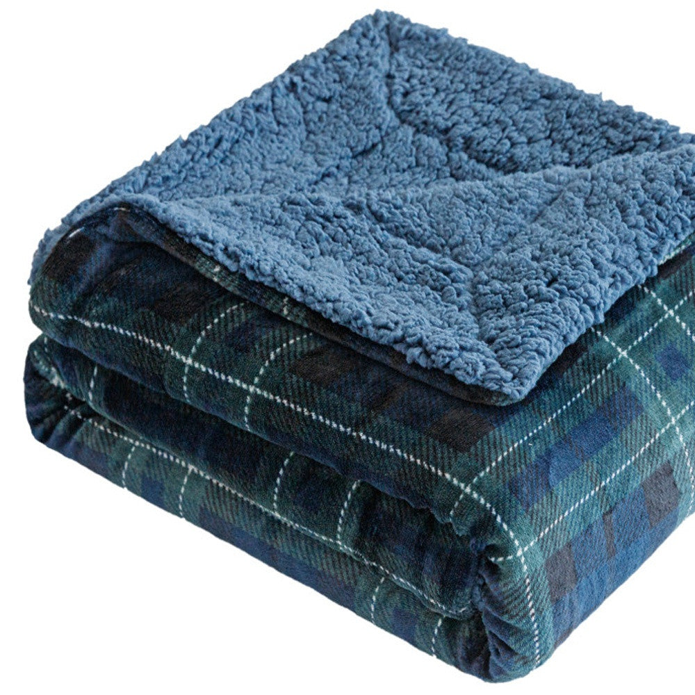 50" X 60" Blue Green and Black Velvet Plaid Plush Throw Blanket