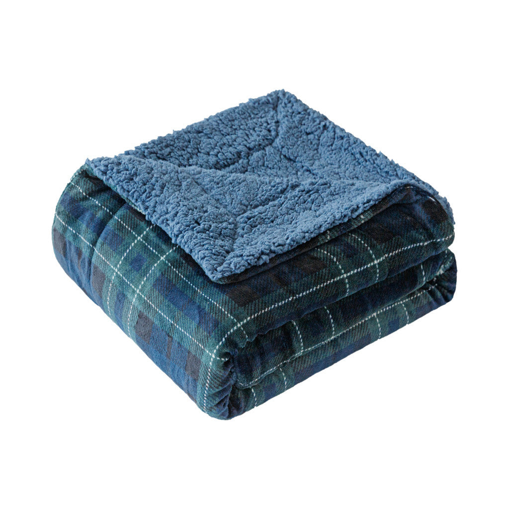 50" X 60" Blue Green and Black Velvet Plaid Plush Throw Blanket