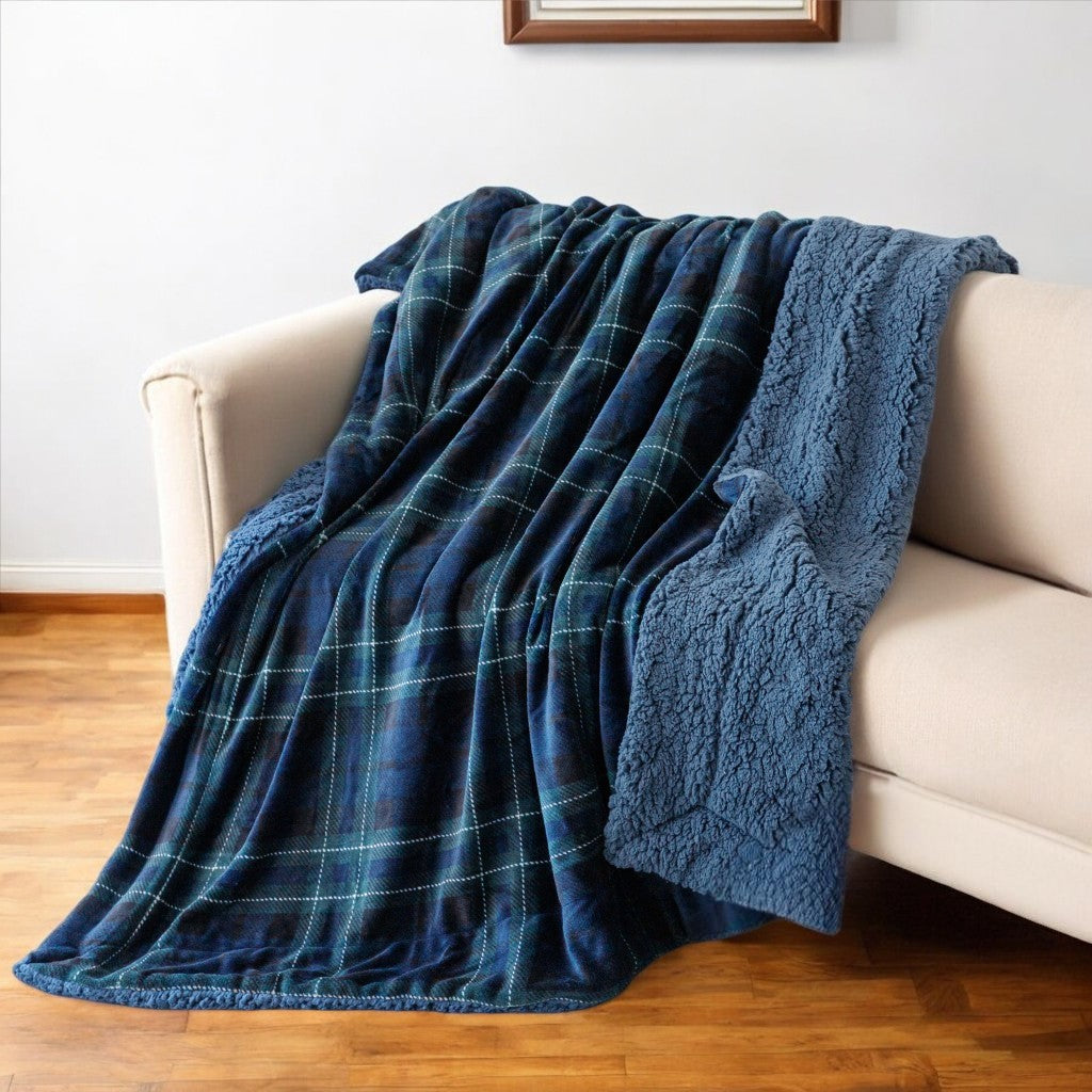 50" X 60" Blue Green and Black Velvet Plaid Plush Throw Blanket