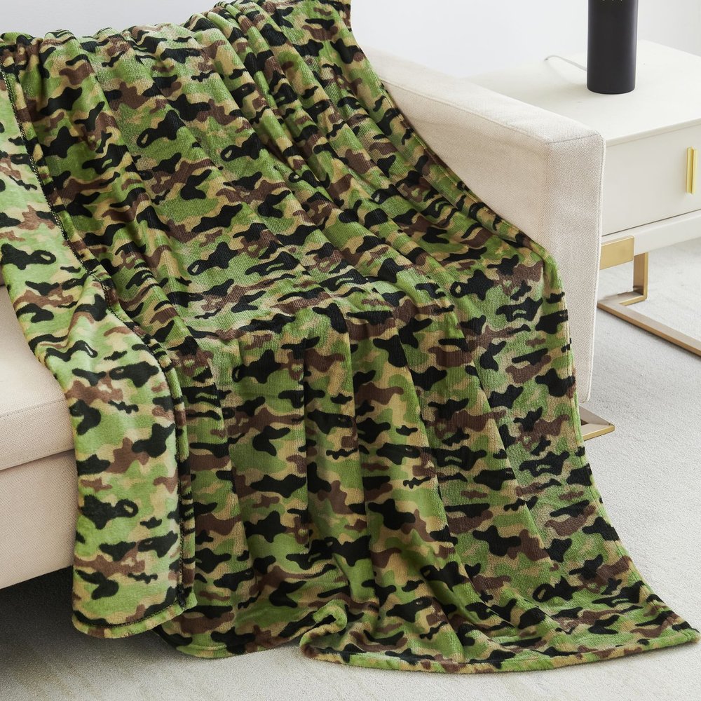 50" X 60" Green and Black Velvet Camouflage Plush Throw Blanket