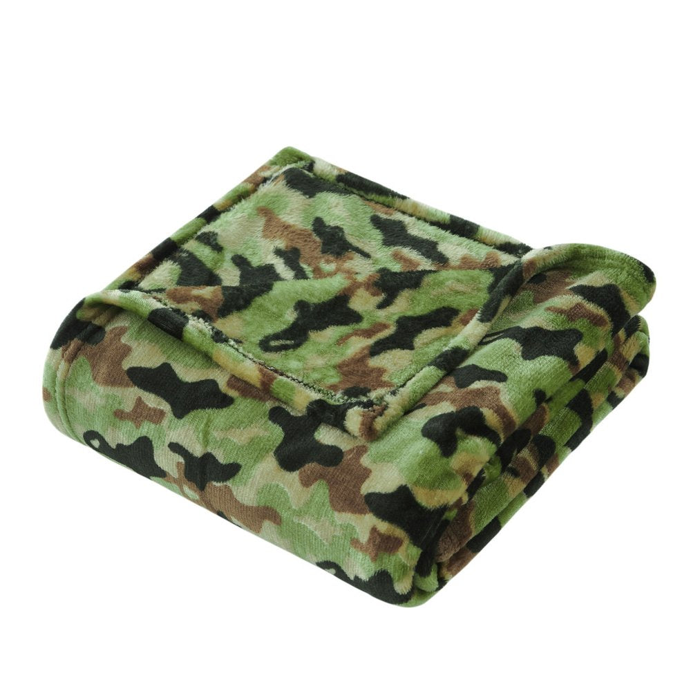 50" X 60" Green and Black Velvet Camouflage Plush Throw Blanket