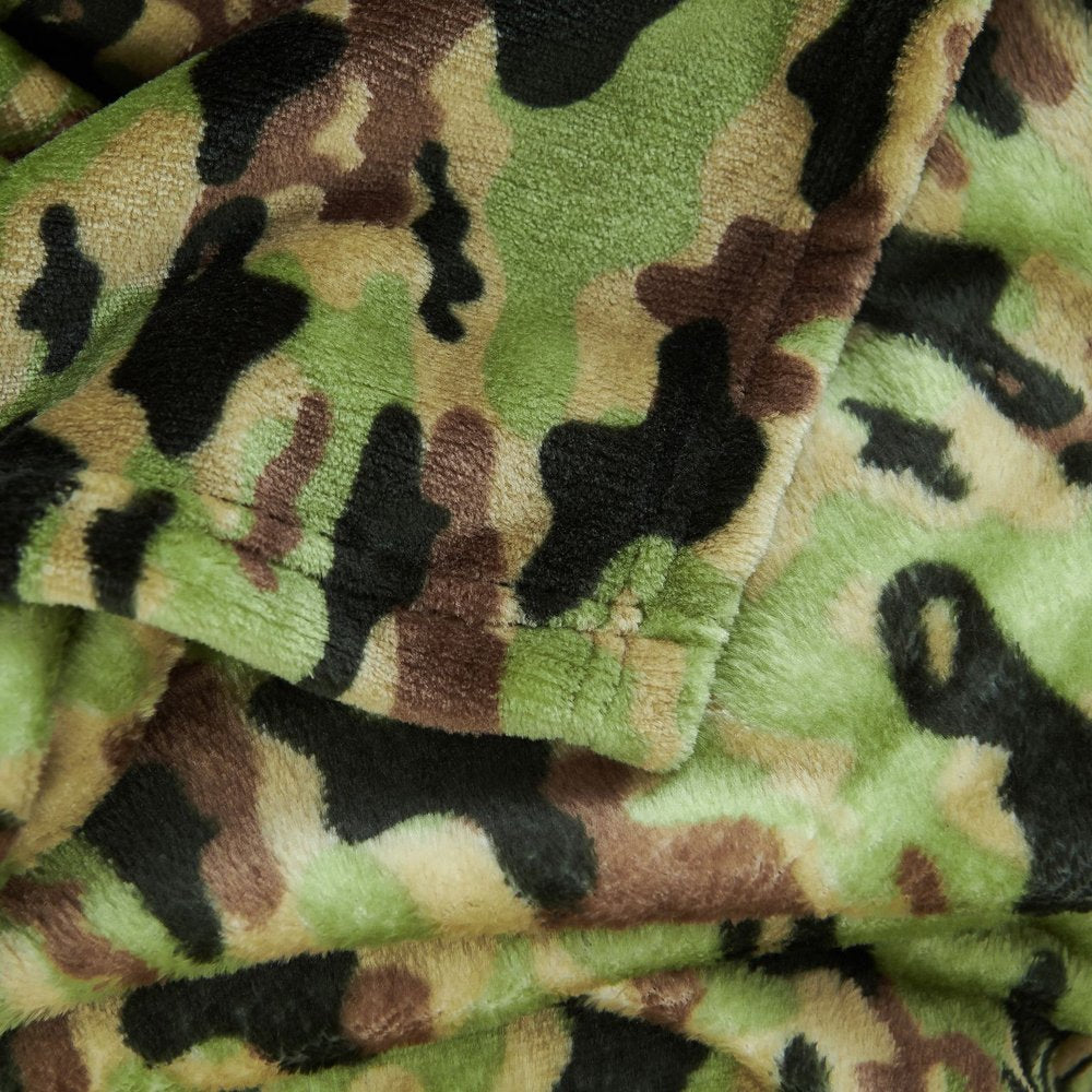 50" X 60" Green and Black Velvet Camouflage Plush Throw Blanket