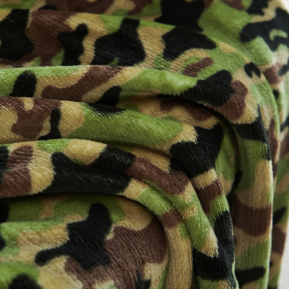 50" X 60" Green and Black Velvet Camouflage Plush Throw Blanket