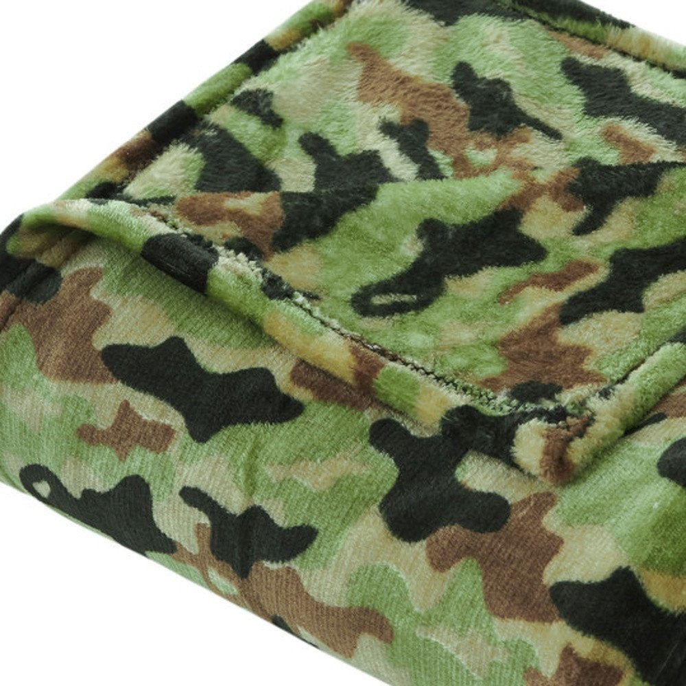 50" X 60" Green and Black Velvet Camouflage Plush Throw Blanket