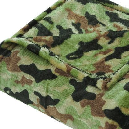 50" X 60" Green and Black Velvet Camouflage Plush Throw Blanket