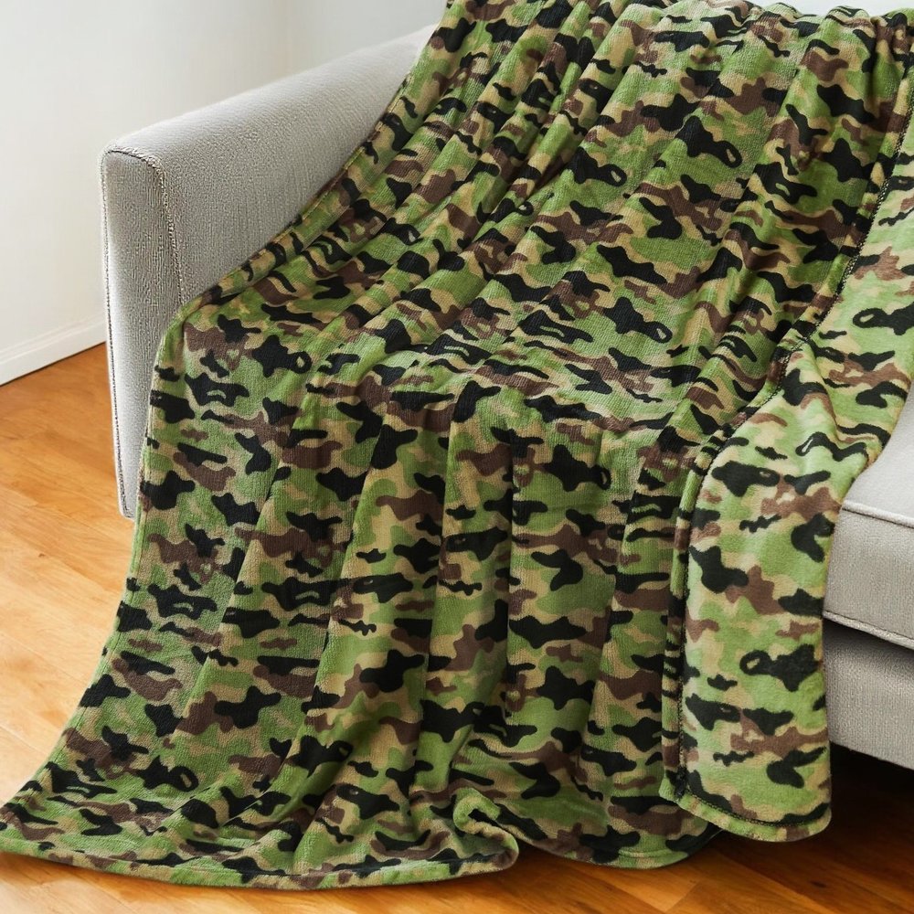 50" X 60" Green and Black Velvet Camouflage Plush Throw Blanket