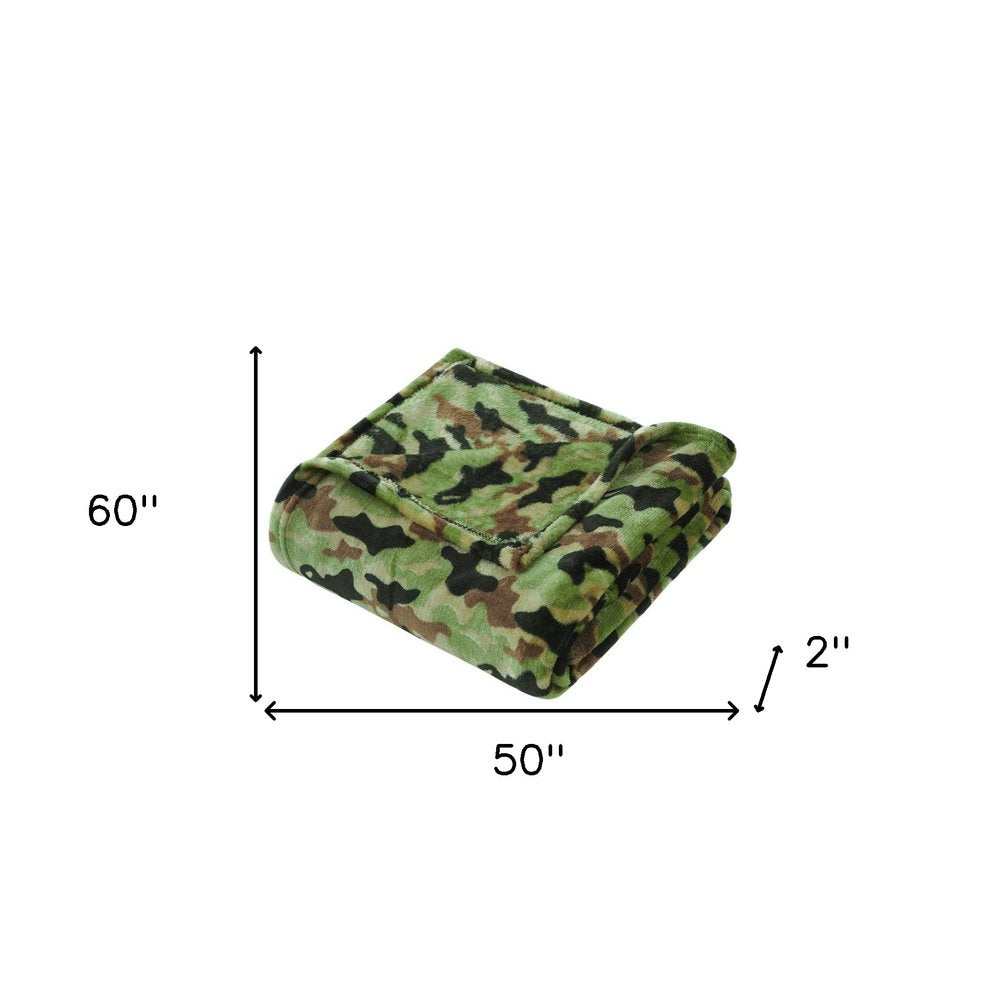 50" X 60" Green and Black Velvet Camouflage Plush Throw Blanket