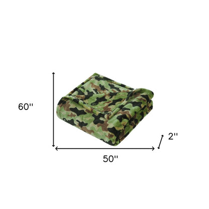 50" X 60" Green and Black Velvet Camouflage Plush Throw Blanket