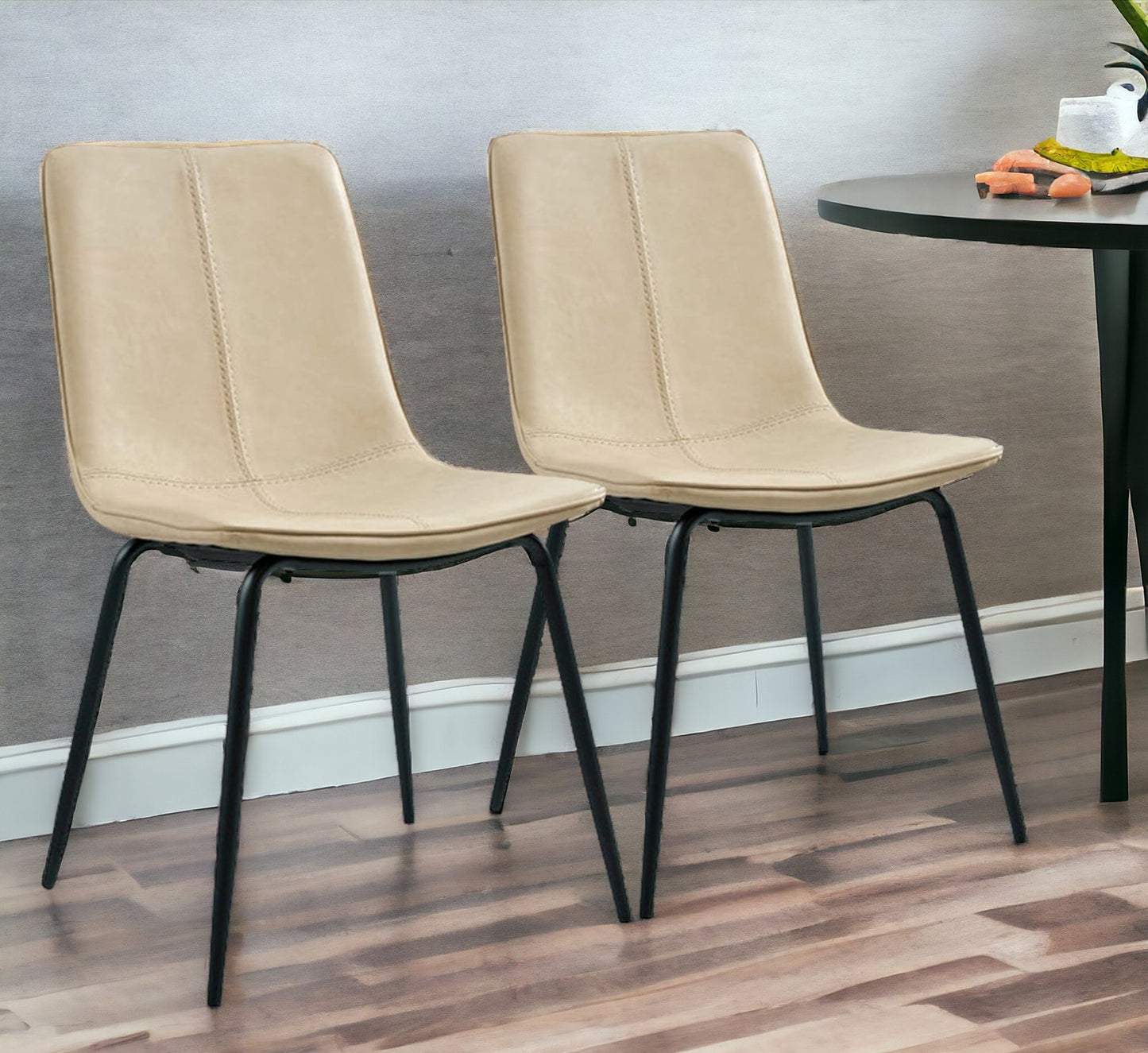 Set of Two Beige and Black Upholstered Faux Leather Dining Side Chairs