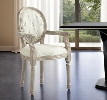 Tufted Cream and Brown Upholstered Linen Dining Arm Chair