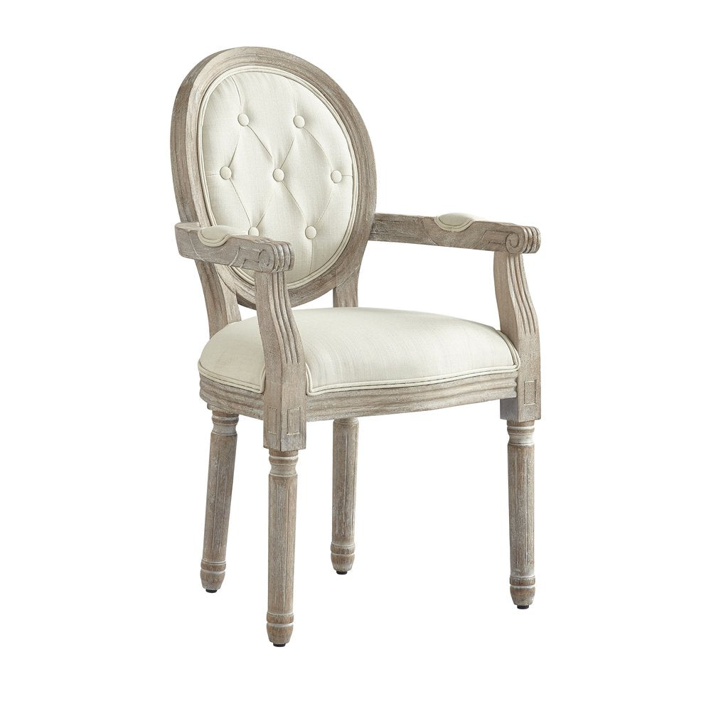 Tufted Cream and Brown Upholstered Linen Dining Arm Chair