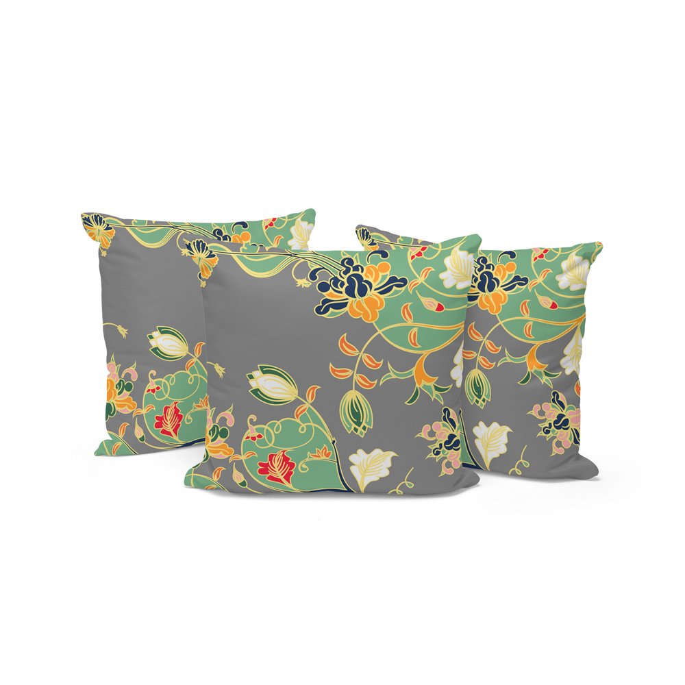 Set of Three 16" X 16" Gray and Orange Botanical Indoor Outdoor Throw Pillow