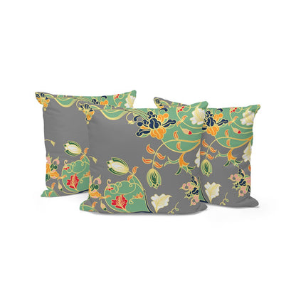 Set of Three 16" X 16" Gray and Orange Botanical Indoor Outdoor Throw Pillow