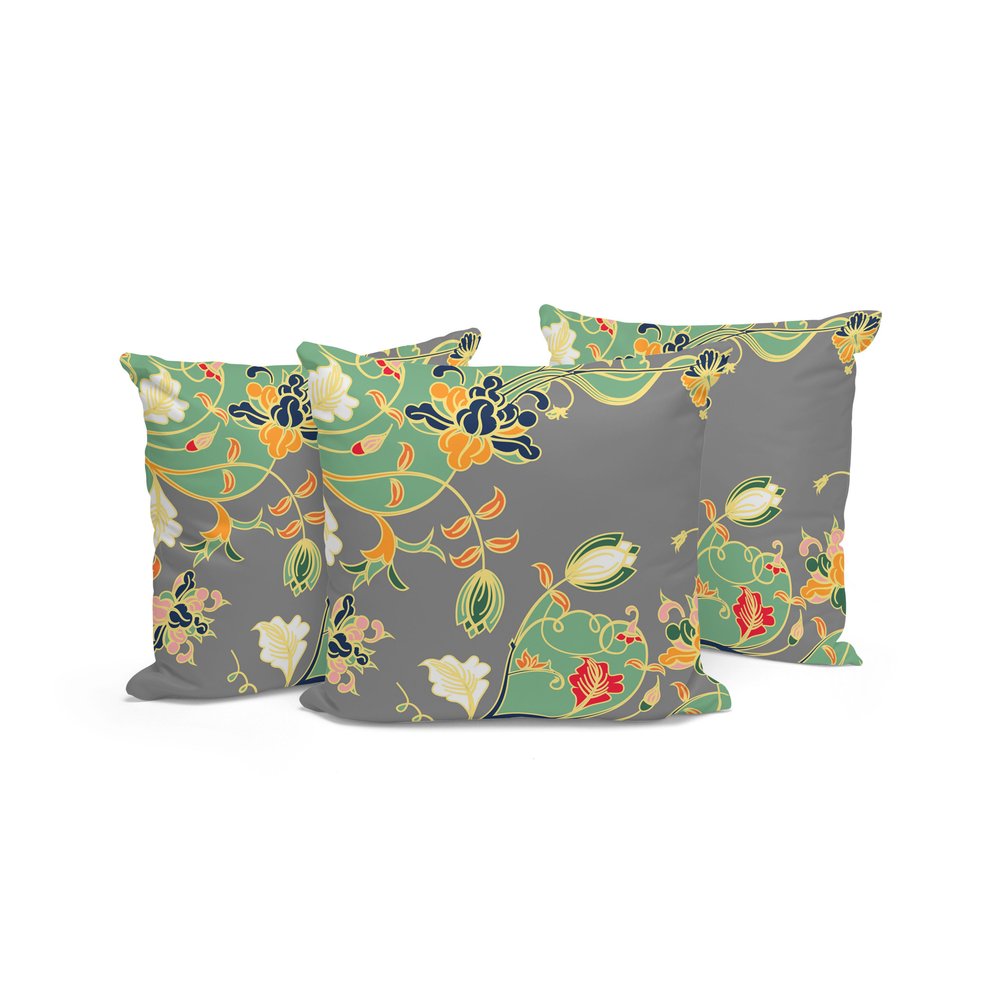 Set of Three 16" X 16" Gray and Orange Botanical Indoor Outdoor Throw Pillow