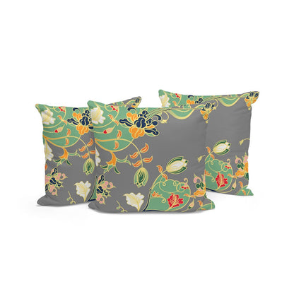 Set of Three 16" X 16" Gray and Orange Botanical Indoor Outdoor Throw Pillow