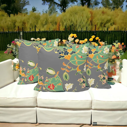 Set of Three 16" X 16" Gray and Orange Botanical Indoor Outdoor Throw Pillow