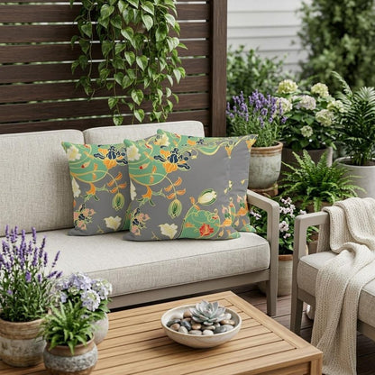 Set of Three 16" X 16" Gray and Orange Botanical Indoor Outdoor Throw Pillow