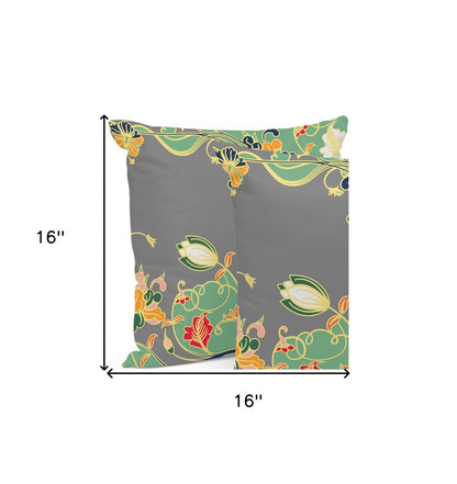 Set of Three 16" X 16" Gray and Orange Botanical Indoor Outdoor Throw Pillow