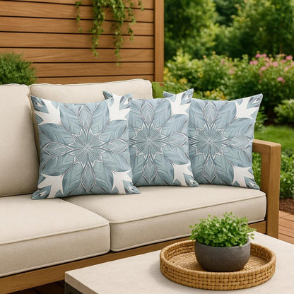 Set of Three 16" X 16" Blue and White Geometric Indoor Outdoor Throw Pillow