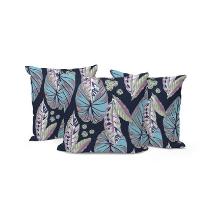 Set of Three 16" X 16" Blue and Purple Botanical Indoor Outdoor Throw Pillow