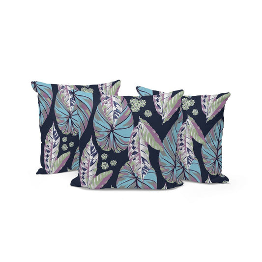 Set of Three 16" X 16" Blue and Purple Botanical Indoor Outdoor Throw Pillow