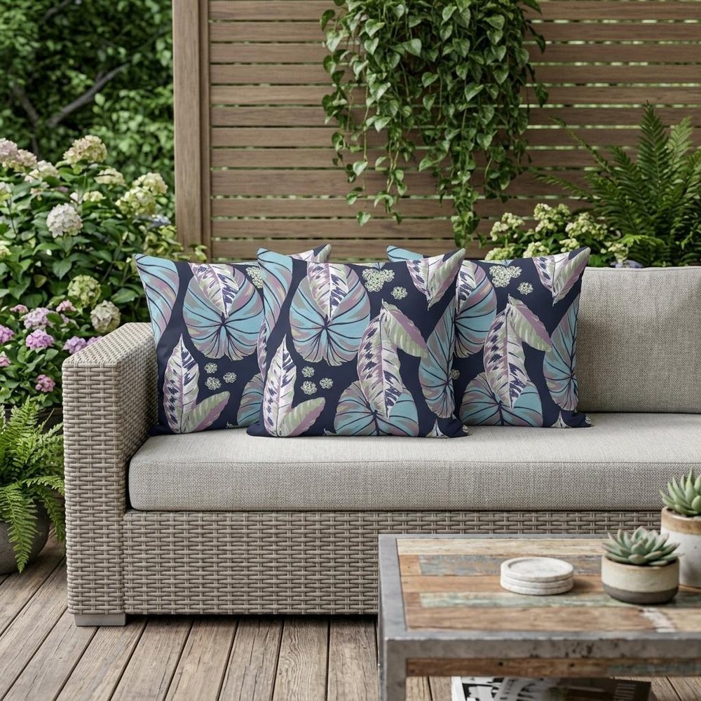 Set of Three 16" X 16" Blue and Purple Botanical Indoor Outdoor Throw Pillow