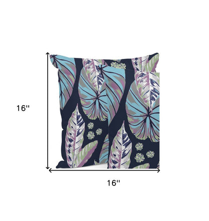 Set of Three 16" X 16" Blue and Purple Botanical Indoor Outdoor Throw Pillow