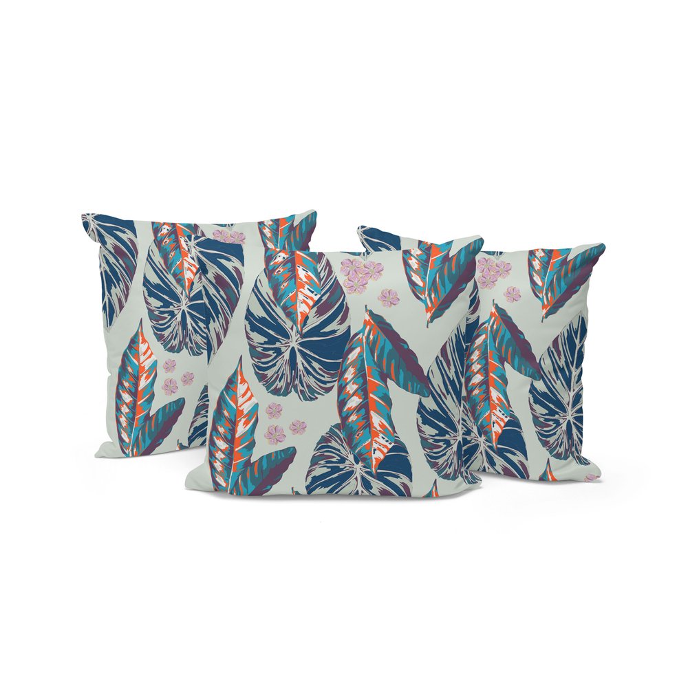 Set of Three 16" X 16" Blue and Gray Botanical Indoor Outdoor Throw Pillow