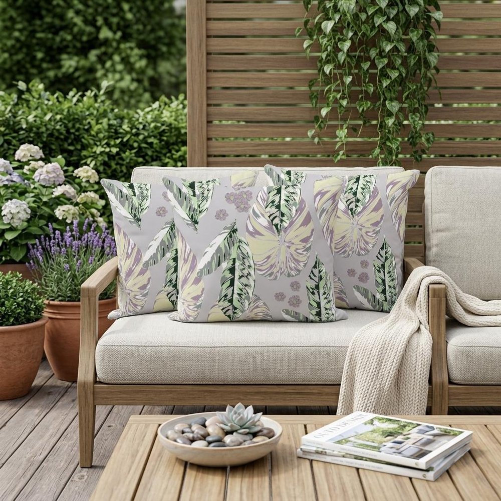 Set of Three 16" X 16" Gray and Purple Botanical Indoor Outdoor Throw Pillow