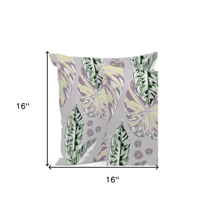 Set of Three 16" X 16" Gray and Purple Botanical Indoor Outdoor Throw Pillow