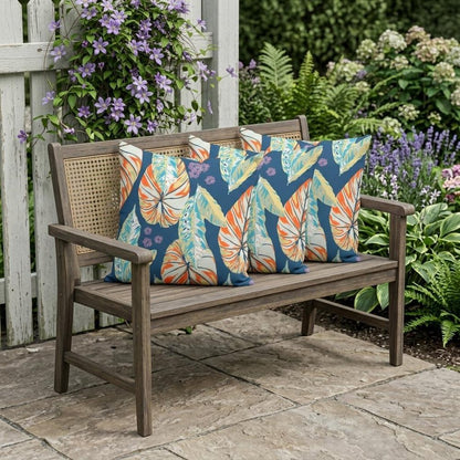 Set of Three 16" X 16" Blue and Orange Botanical Indoor Outdoor Throw Pillow