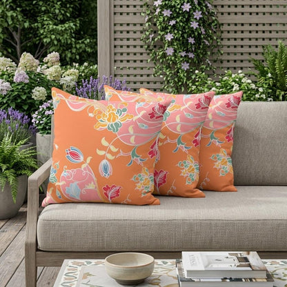 Set of Three 16" X 16" Pink and Orange Botanical Indoor Outdoor Throw Pillow