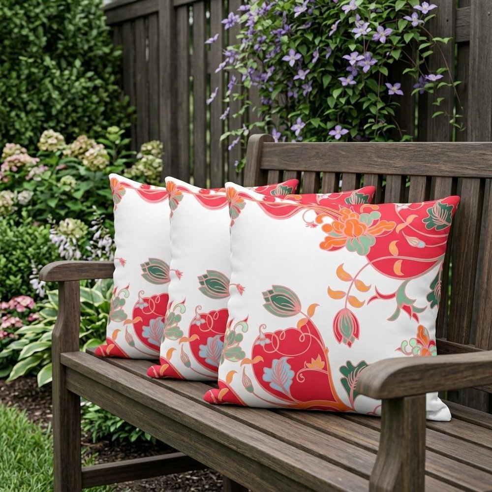 Set of Three 16" X 16" Red and White Botanical Indoor Outdoor Throw Pillow